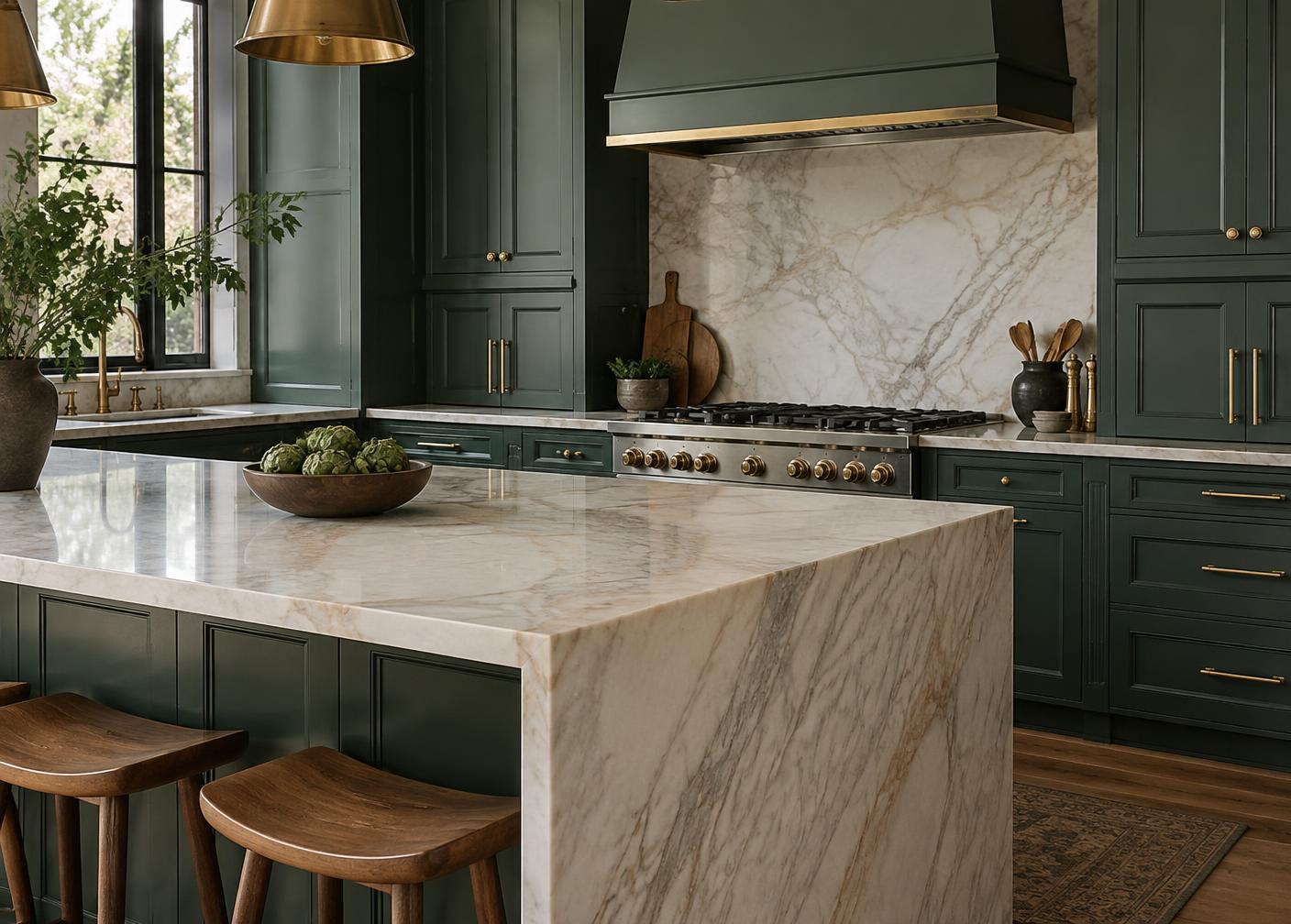 Illustrative concept of cabinetry, stonework, and brass details in a remodeled kitchen