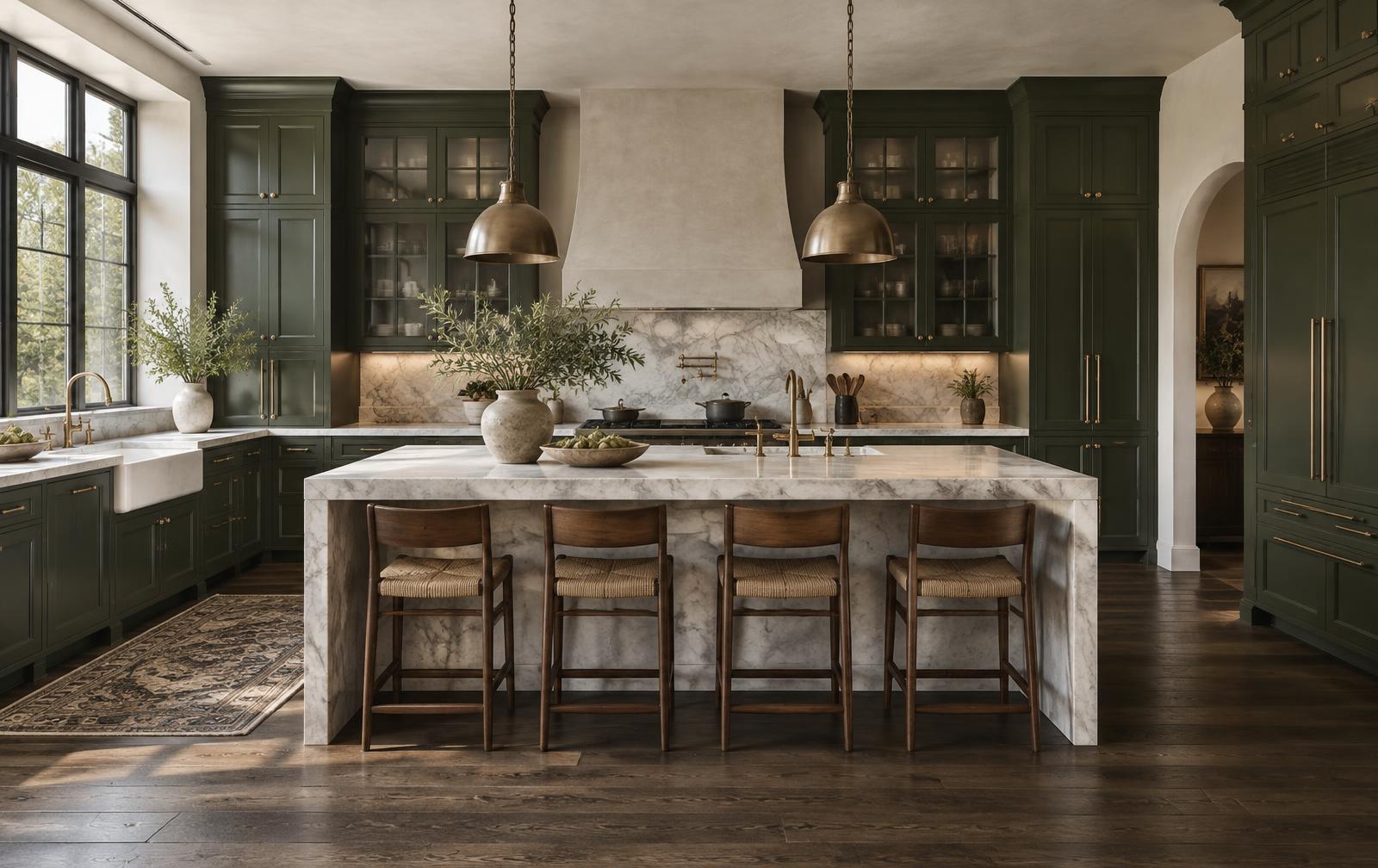 Finished custom kitchen with forest-green cabinetry, stone island, and brass detailing